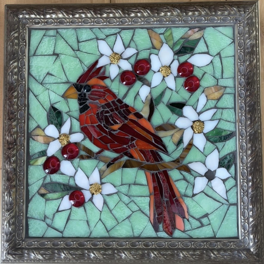 Cardinal 10x10, stained glass, glitter grout.  $125